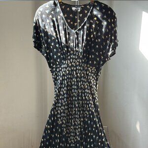 Short sleeve dark blue long dress with small yellow flowers and side zipper